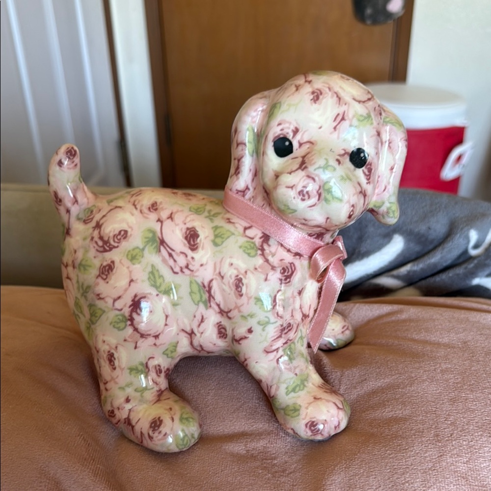 Floral Ceramic Dog Figurine with Pink Accents